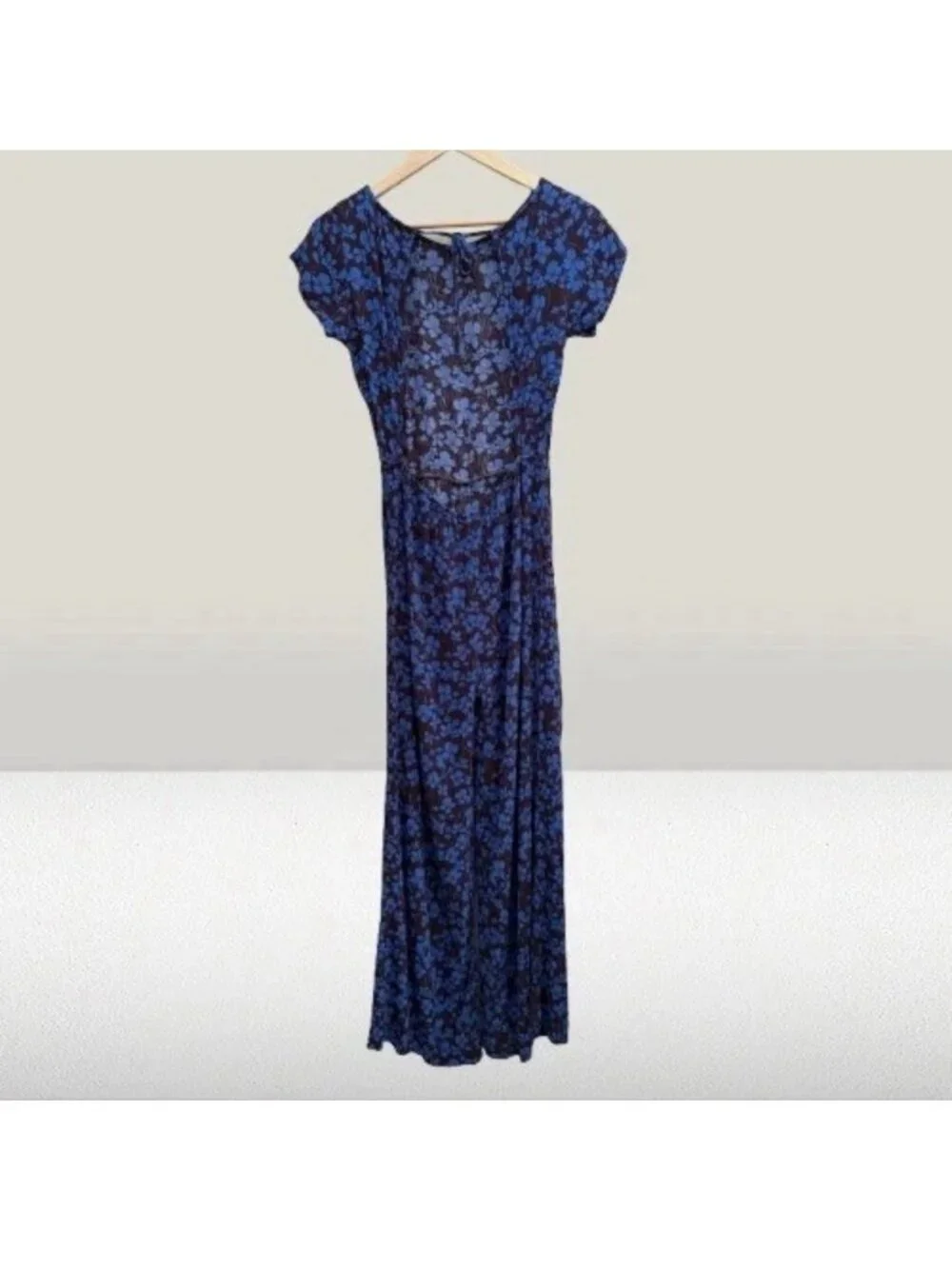 Free People Hailee Jumpsuit Blue Brown Floral Open Back Wide Leg S